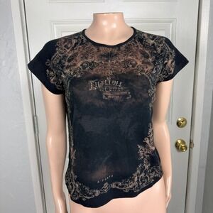 Vintage y2K Jamee J Shirt Medium Baby Tee Floral Boho Cotton Western Bling D12